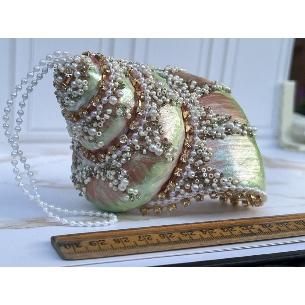 Large Jeweled Seashell Christmas Ornaments Pearl Beaded Rhinestone Coastal Pair - Picture 6 of 16